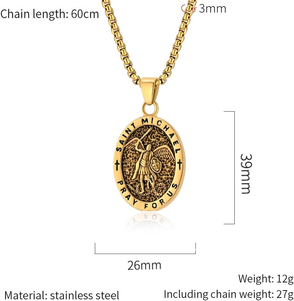 Men Saint Michael Necklace,Stainless Steel Black/Silver/Gold Archangel Pendant Necklace Amulet Medal Jewelry,60cm Rolo Chain