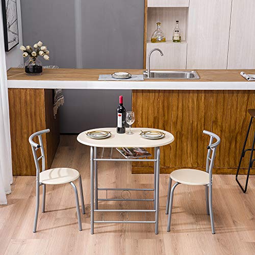 Image of VINGLI 3 Piece Dining Set, Small Kitchen Table Set for 2, Breakfast Table Set, Kitchen Wooden Table with 2 Chairs for Small Space /Dining Room /Apartment, Metal Frame, Wine Rack, Beige