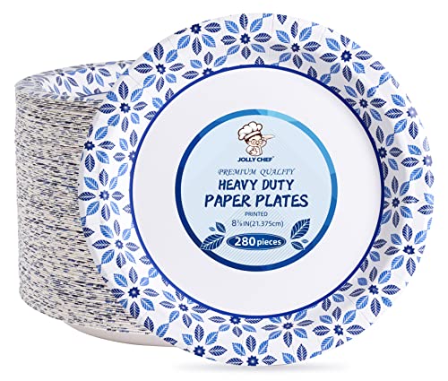Jolly Chef 8.37 Inch Paper Plates 280 Count Soak Proof, Cut Proof, Microwave Safe Heavy Duty Printed Disposable Plate For Everyday Use #TOP13