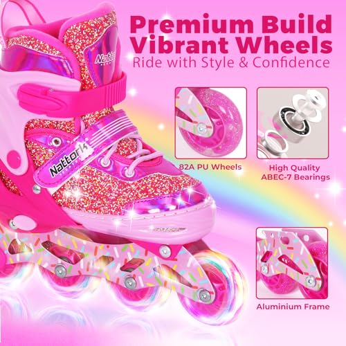 Nattork Inline Skates for Girls Kids, Candy Pink Adjustable Blades Roller Skates with Light up Wheels for Ages 4-12, Best Birthday Gift for Beginners Indoor Outdoor Sports - image 3