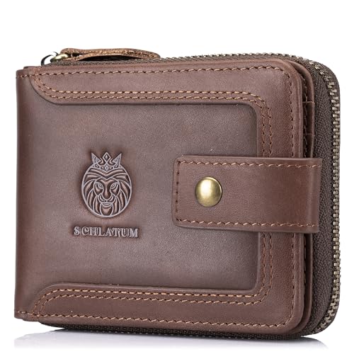 LUKZIJAES Genuine Leather Mens Wallets RFID Blocking Large Capacity Credit Card Vintage Wallet for Men with Coin Pocket Zipper ID Window (#9-Coffee)