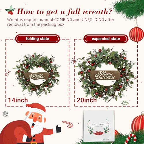 Image of YNYLCHMX 20 Inch Christmas Wreath for Front Door, Winter Wreath with Welcome Sign Eucalyptus leaves Red Berry, Artificial Door Xmas Wreaths for Window Wall Fireplace Farmhouse Holiday Party Decoration