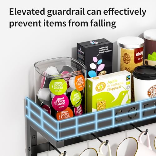 RCHYFEED Coffee Mug Holder Rack Wall Mounted, Adjustable 12 Hooks Reduce Mugs Collisions, Cup for Home Kitchen Display and Collection, Upper Basket Storage Shelf Pods Sugar Bags - Image 4