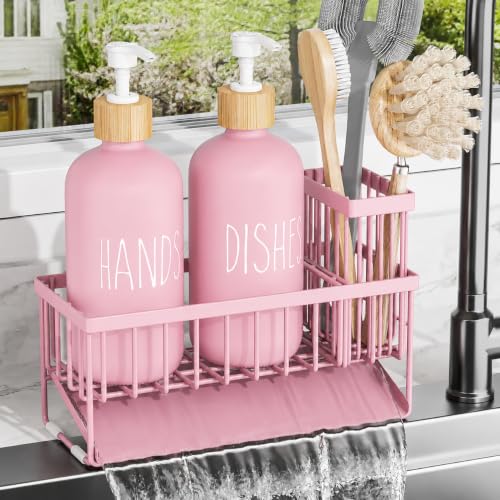 Image of soap Dispenser (Pink Sponge Holder + Pink Bottle)
