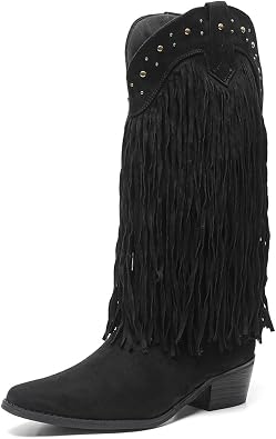 Amoji Women Western Cowboy Boots Pointed Toe Cowgirl Knee High Boots Pull On With Zipper 307