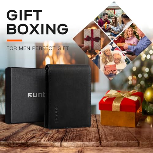 Image of RUNBOX Wallet for Men Slim Leather Bifold RFID Blocking Minimalist Front Pocket Design with Gift Box | Minimalist Front Pocket Design, Holds 8 Cards, RFID Protection, Gifts for Men on Birthdays, Father's Day, and Christmas