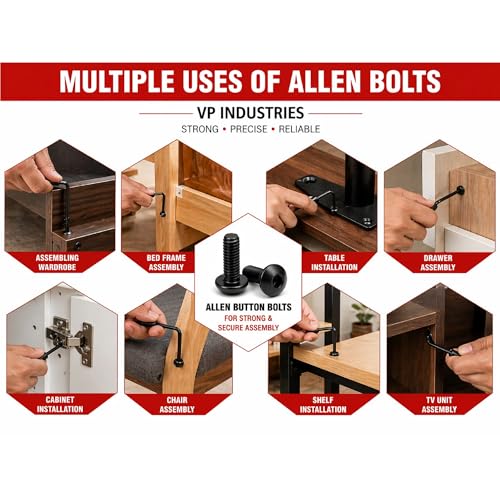 Image of By VP INDUSTRIES (Pcs-10) M8x100 mm Allen Button Head Cap Screw Blac Zinc | High Tensile Round Mushroom Allen Head Bolt with Allen Key (1 Pc) for Furniture Assembly & DIY Applications