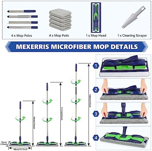 MEXERRIS Microfibre Mop for Floor Cleaning - Floor Mops Wet Mops with 4x Washable Pads, Dust Mop with Adjustable Handle Wood Floor Mop Flat Mops Home Commercial Use for Hardwood Laminate Tiles Wall