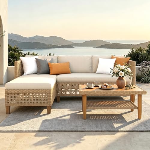 MFSTUDIO L Shaped Outdoor Couch Set Wicker Patio Furniture Set Rattan Outdoor Sectional Sofa with Acacia Wood Coffee Table 3 Pieces Small Patio Conversation Set for Backyard Beige