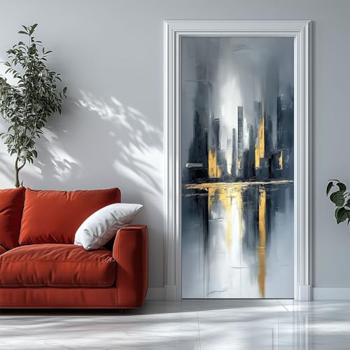 Pegatinas Para Puerta Ilustración Abstracta De Ciudad En Blanco Y Negro 77x200cm Murales Para Puertas Autoadhesivo 3D, Papel Pintado Puerta PVC Impermeable PóSter Pegatina De Arte-Los