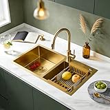 KOOGIMDDR Évier de cuisine double bac 80 x 45 cm doré inox nano – Avec 2 bondes dorées, siphon, trop-plein et égouttoir inclus – Encastrable sous/sur-plan – pour grande cuisine familiale, rénovatio