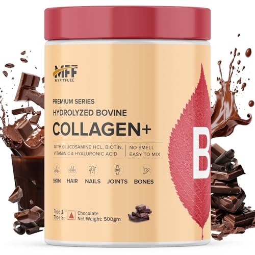 Image of MyFitFuel Hydrolyzed Bovine Collagen (500gm, Chocolate) with Biotin, Hyaluronic Acid, Zinc, Vitamin C & Glucosamine | For Skin, Hair, Nails & Joints