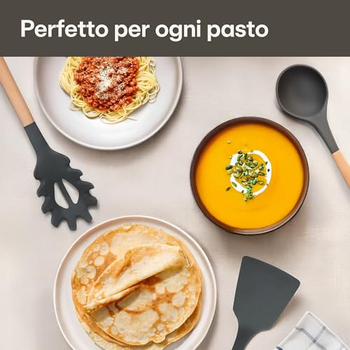 Utensili Cucina in Silicone - 8 Pezzi Utensili da Mestoli Cucina in Silicone con Manico in Legno - Certificato FDA per Alimenti - Con Supporto e Mestoli - Con Fori per Appendere - immagine 6