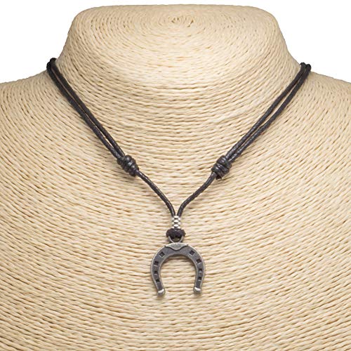 BlueRica Horseshoe on Adjustable Black Cord Necklace (Old Silver Finish)2