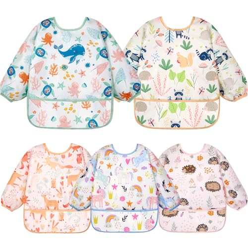 Image of Lictin Long Sleeve Bibs 5 Pack - Baby Bibs, Waterproof Toddler Bibs, Baby Smock for Eating, Baby Bibs for Feeding Teething