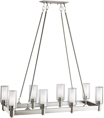 8 Light Modern Linear Chandelier Contemporary Pendant Lights Kitchen Island Hanging Light Fixture for Dining Room Over Table Bar Restaurant Office Brushed Nickel and Clear Glass