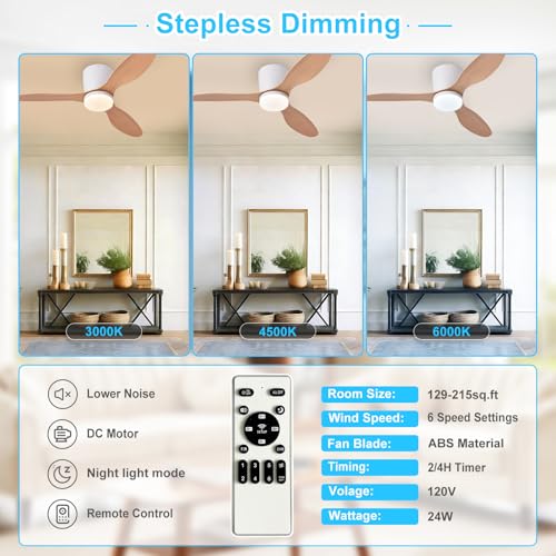 Image of Depuley Flush Mount Ceiling Fan: 42-Inch White Ceiling Fans with Lights for Bedroom Indoor Outdoor - Low Profile Ceiling Fans with Remote Control 24W 3CCT Dimmable 3 Reversible Wood Blades 6 Speeds