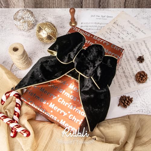 Image of Ribbli Black Velvet Wired Ribbon 4 Inch Metallic Black Gold Crushed Velvet Christmas Ribbon for Gift Wrapping Christmas Tree Decoration Crafts Wreaths Supplies-Continuous 10 Yards