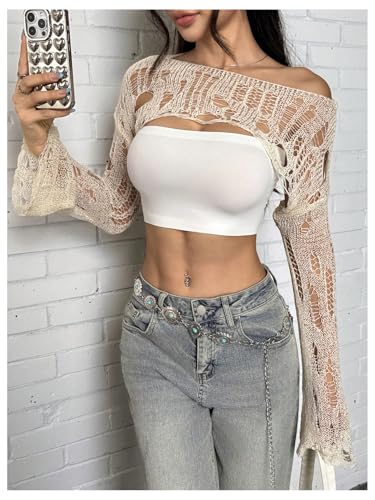 Image of BEAUDRM Women's Crochet Bolero Shrug Goth Grunge Outfits Bell Sleeve Sweater Bow Pullover Crop Top