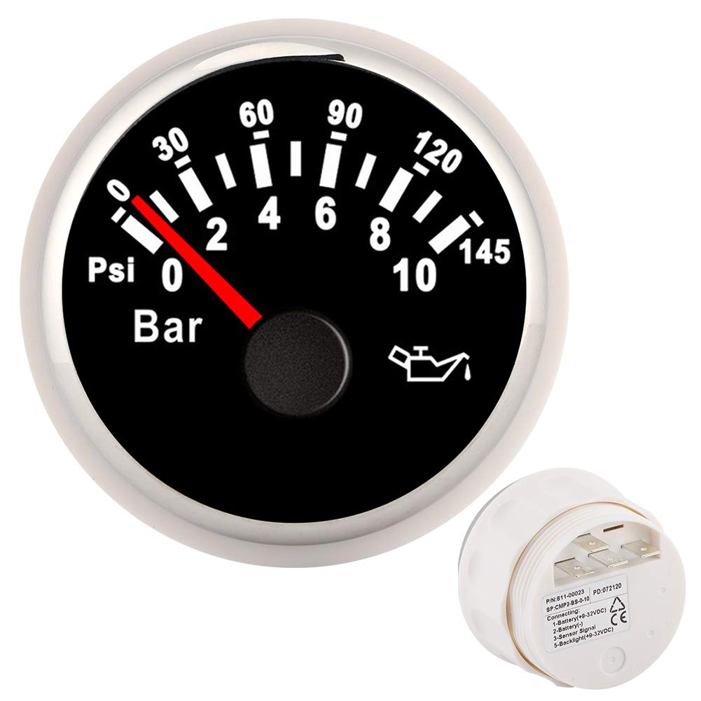 Jauge de Pression D, D'huile Étanche 9-32V 52mm / 2 Pouces 145psi Rétro-éclairage LED Instrument à Cadran Remplacement pour Voiture Bateau Moto pour Compteur D'huile Bat (Noir)