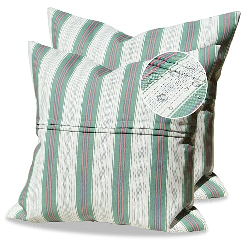 XINDAOYUAN Pack of 2 Outdoor Waterproof Pillow Covers 18x18 Coastal Hampton Style Decorative Outdoor Throw Pillows Garden Square Cases for Patio Furniture, Couch, Bench, Green and White Striped
