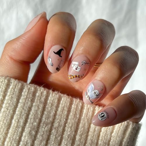 Harry Potter x Glamnetic Press On Nails - Hogwarts | Semi-Transparent Multi Graphic Short Oval Fake Nails in a Glossy Finish | 15 Sizes - 30 Nail Kit with Glue