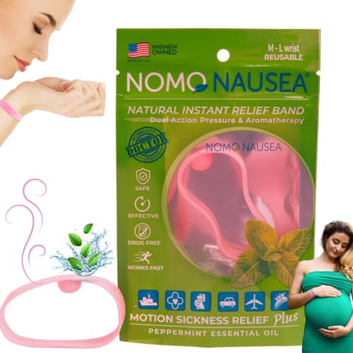 Image of NOMO Nausea Bands Soothing scents Pregnancy Bracelet | Motion Sickness Band with Peppermint Aromatherapy and Acupressure reliefband | Medium to Large Waterproof Sea-Band Mama | Pink | Pack of 2