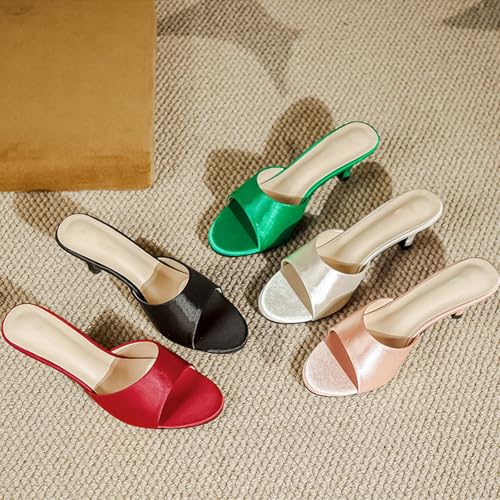 Women's Satin Kitten Heel Sandals Classic Round Open Toe Slip On Mid Heel Dress slide Sandals Daily Non-Slip Backless Casual slides2