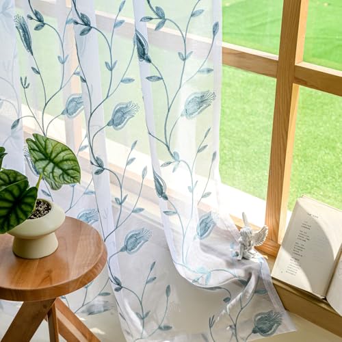 Image of Blue Sheer Curtains 84 Inches Long, Floral Embroidered Rod Pocket Sheer Drapes for Living room, Bedroom, 2 Panels, 52 inchx 84 inch, Semi Crinkle Voile Window Treatments for Yard, Patio, Villa, Parlor .