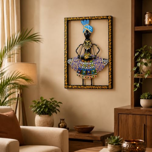 Image of iHandikart Metal Wall Art for Home Decor | Rajasthani Folk Musician Wall Sculpture with Stone Work | Hand-Painted Iron Wall Hanging for Living Room, Bedroom, Hallway, Office | 11.5 x 8 Inch