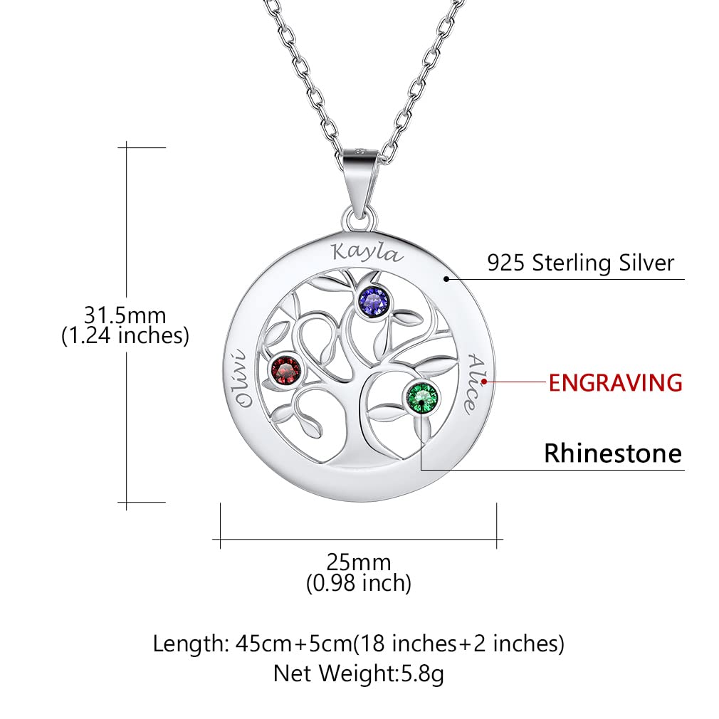 Custom4U 2-7 Nomi DIY S925 Collana con Nome Personalizzato Collana Donna Argento con Pietra Portafortuna Nomi Incisi Argento Sterling Albero della Vita Collana Amicizia