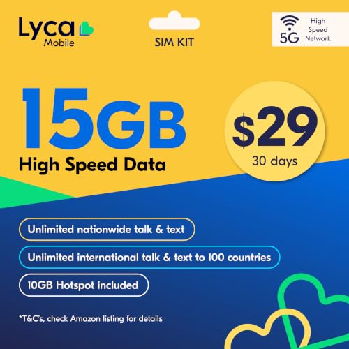 Lyca Mobile USA Prepaid 5G/4G SIM Card | $29 Plan | Unlimited Talk Text & Data | 15GB High Speed Data (10GB Hotspot) | 30 Days
