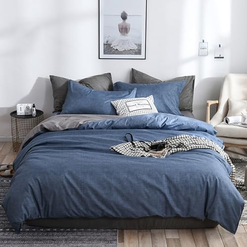 Michorinee Housse de Couette 200x200 Bleu Parure de Lit 2 Personnes Adulte avec Fermeture Éclair Parure Housse Couette Bleu et Gris Réversible avec 2 Taie...