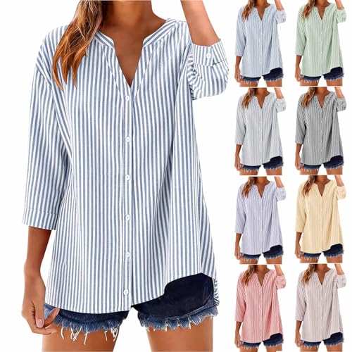 SMIDOW Linen Tops For Women - Striped 3/4 Sleeve v Neck Button Down Shirts Casual Loose Spring Summer Blouses Trendy 2026 Blue Womens Spring Tops 2026 Trendy M