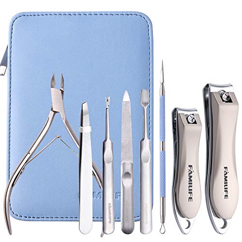 Manicure Set, FAMILIFE L17 Professional Manicure Kit Nail Clippers Set 8 in 1 Stainless Steel Pedicure Tools Kit Grooming Kit with Portable Blue Leather Travel Case for Women Girl Men