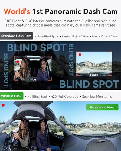 Image of Vantrue E360 Panoramic 2 Channel Dash Cam,Front Fisheye + Inside Fisheye, Dual IR Night Vision,Dual STARVIS 2,Voice Control, Touchscreen, GPS, Parking Mode, Support 1TB