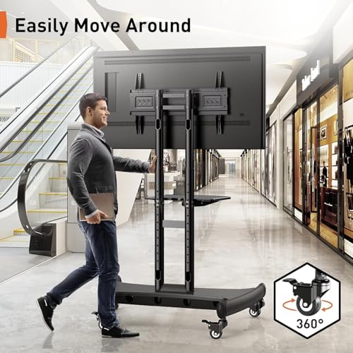 Perlegear Mobile TV Cart for 32-82 Inch Flat/Curved LED/LCD/OLED TVs Rolling TV Stand with Height Adjustable Shelf Max VESA 600x400mm up to 100lbs- Outdoor TV Stand Trolley with Wheels PGTVMC05-1