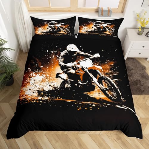 jejeloiu Dirt Bike Duvet Cover Toddler Size Motorbike Bedding Set Extreme Sports Comforter Cover Breathable Soft Lightweight Microfiber Fashion Motorcycle Cool Motocross Bedroom Decor,No Comforter
