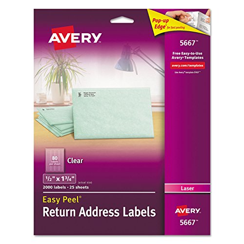 Avery 5667 Matte Clear Easy Peel Return Address Labels, Laser, 1/2 x 1 3/4, 2000/Box