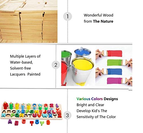 Sendida Alphabet Number Montessori Toys - Early Learning Math Toys Wood Puzzles ABC Letters Educational Sorting Count Toy Board for Toddlers, Preschool Stacking Blocks Gift Toys for Ages 3-6 Years - Thumbnail 4
