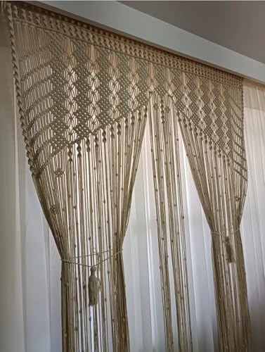 Image of Macrame Window Curtains, 7 Feet Length, Woven Boho Panel Macrame Door Curtain Long Doorway Curtain Macrame Wall Hanging Bedroom Wall Decor Boho Wall Art Size W 40 * 84 L