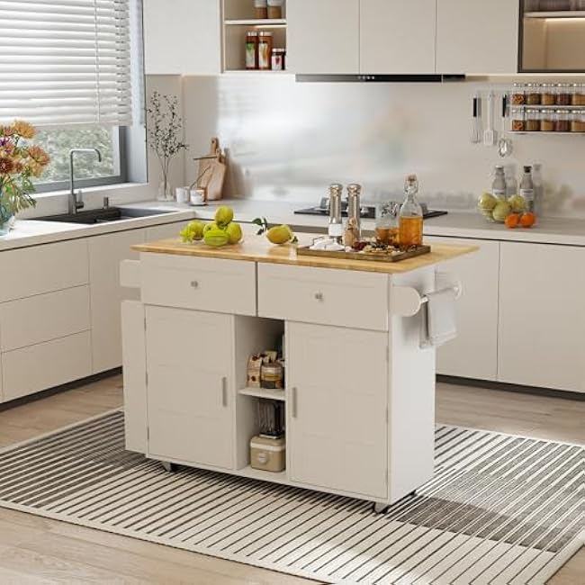 YOURLITE Kitchen Islands with Wheels, 45 Kitchen Island with Drop Leaf, Home Bar Table with Spice Rack & with Trash Cabinet, Rolling Island Table for Dining Room with Power Outlet, White-pCfgEu4k