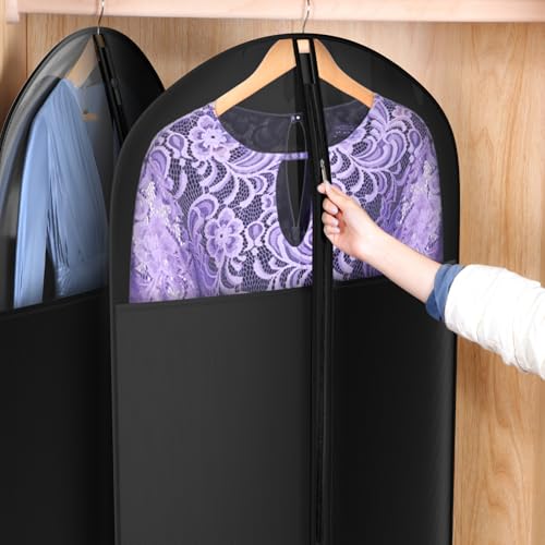 Image of Univivi Long Garment Bags for Hanging Clothes, 65 inch Dress Bags for Gowns Long for Closet Storage with Large Visible Window for Long Suits, Coats, Dresses, 3 Pack, Black