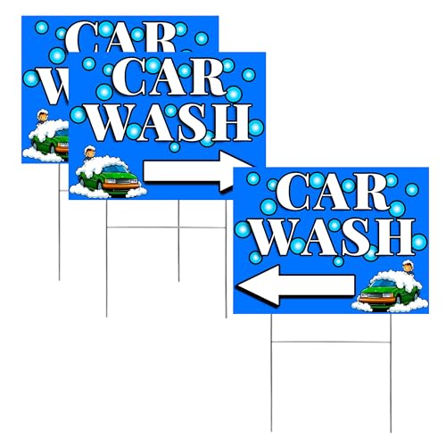 3 Pack Car Wash Yard Signs with Stakes Double-Sided Outdoor Car Wash Signs Corrugated Plastic Waterproof Car Wash Arrow Sign for Fundraiser Event Business Promotion (Blue)