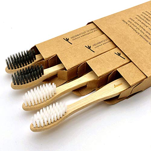 4 Pcs Eco-Friendly Bamboo Toothbrush. Natural, 100% Biodegradable, Compostable & Organic Charcoal Adults Tooth Brush. BPA-Free Soft Plant Bristles. Recyclable Pack.