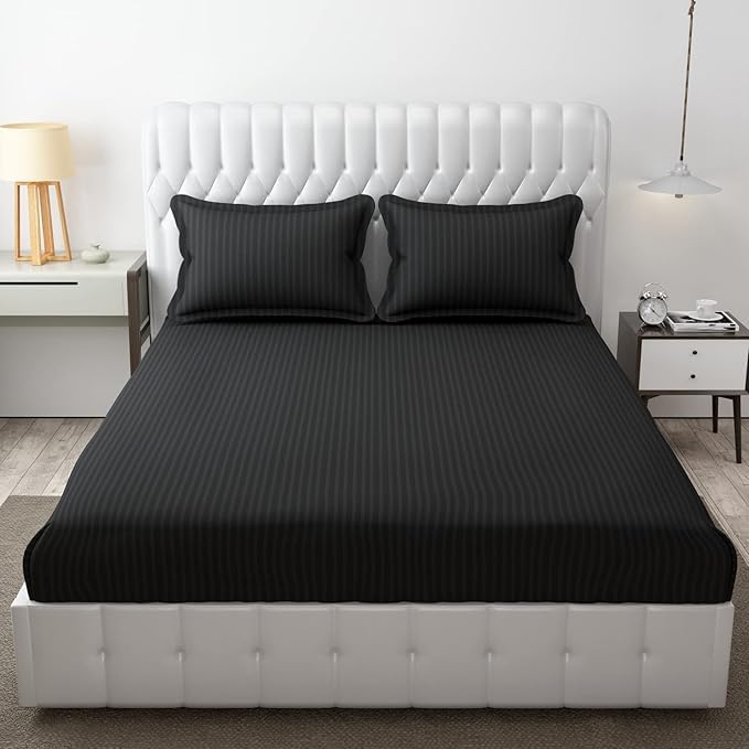Image of DECOR2ADMIRE 300 TC Premium Glace Cotton All Round Elastic Fitted Plain Stripe Pastel Shades Queen Size Bedsheet with 2 Pillow Covers (Dark Grey, Super King 108 inch x 108 inch)
