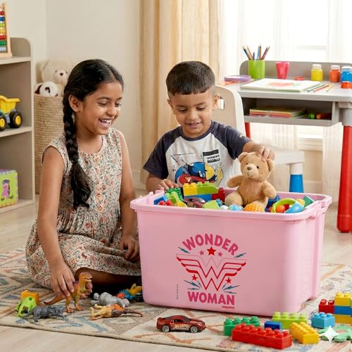 Image of Nayasa Wonder Woman Toy Box 50 Ltr | DC Superhero Print Plastic Storage Box with Lid | Stackable Organizer & Strong Durable | Pink