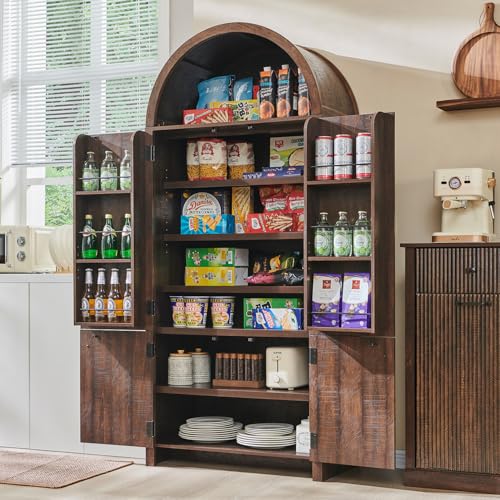 Image of IFGET 71 inch Tall Arched Kitchen Pantry, Modern Fluted Wood Storage Cabinet with Doors, 3 Adjustable Shelves, 6 Door Shelves, Organizer, Versatile Cupboard for Kitchen, Bathroom, Brown