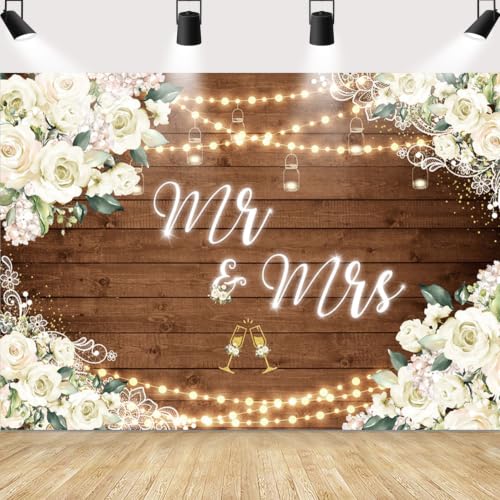 MEHOFOND 7x5ft Mr and Mrs Bridal Shower Backdrop Wedding Decorations Rustic Wooden Floral Bride and...