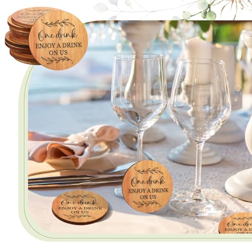 Image of Marsui 100 Pcs Wooden Drink Tokens Bulk for Wedding Personalised Drink Tickets Poker Chips for Guest Wedding Favours Beverage Birthday Parties Bar Table Decoration Supplies (Botanical Leaf Pattern)